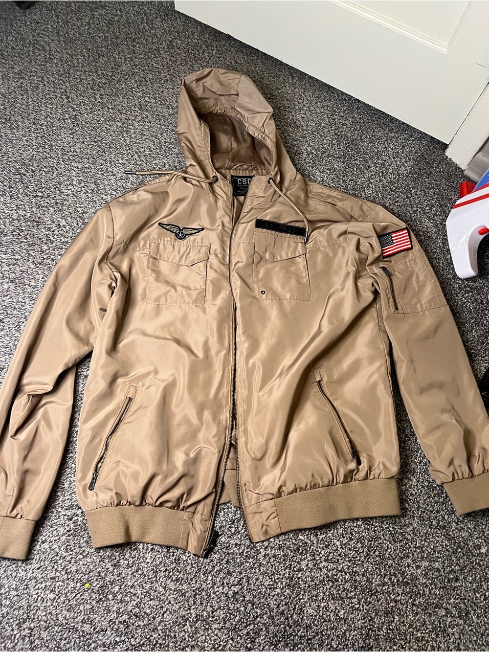 CSG Military Patch Work Flight Bomber Jacket Men’s Size 2XL/TG Khaki Full Zip